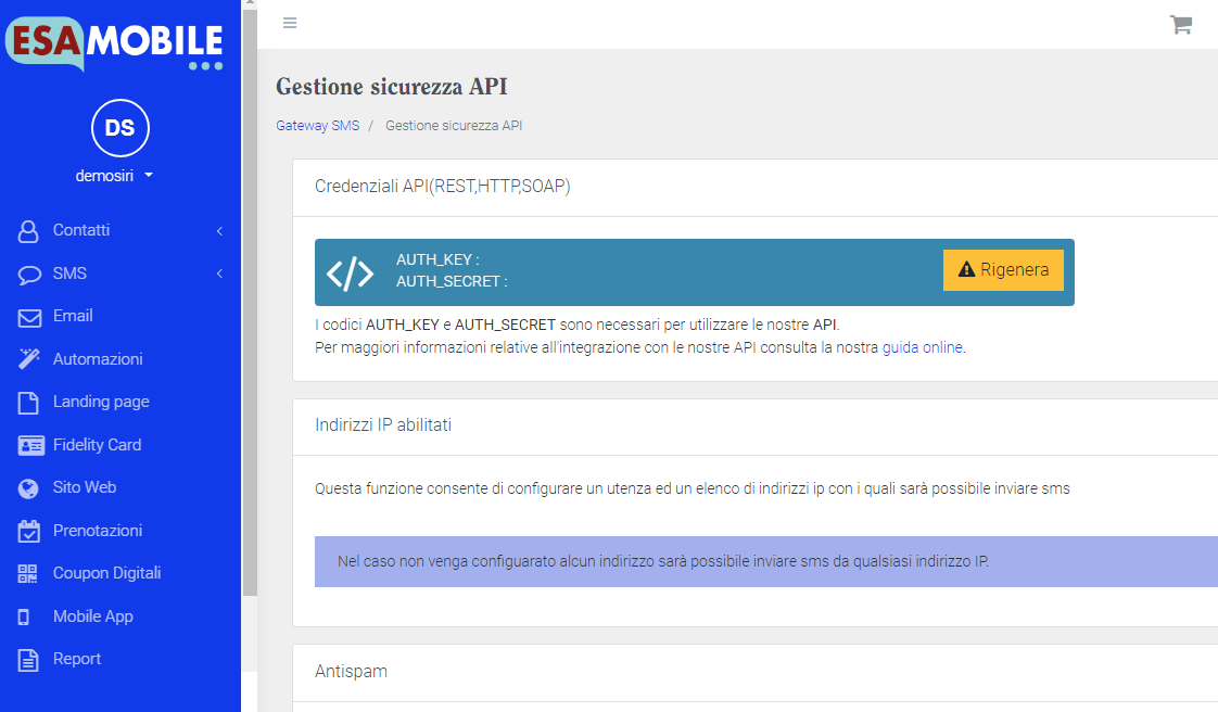 Gestione sicurezza SMS API
