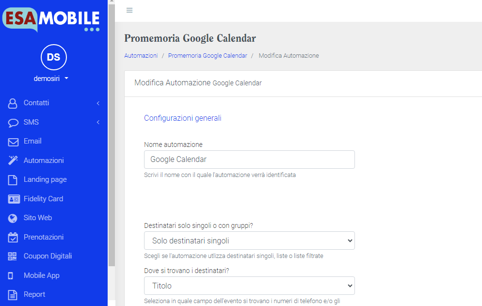 Configurazione Google Calendar