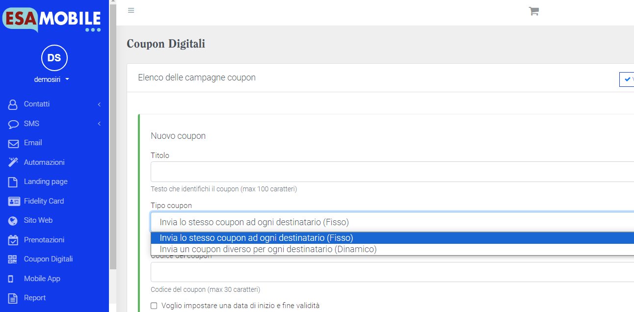 Creazione coupon digitali di EsaMobile.it