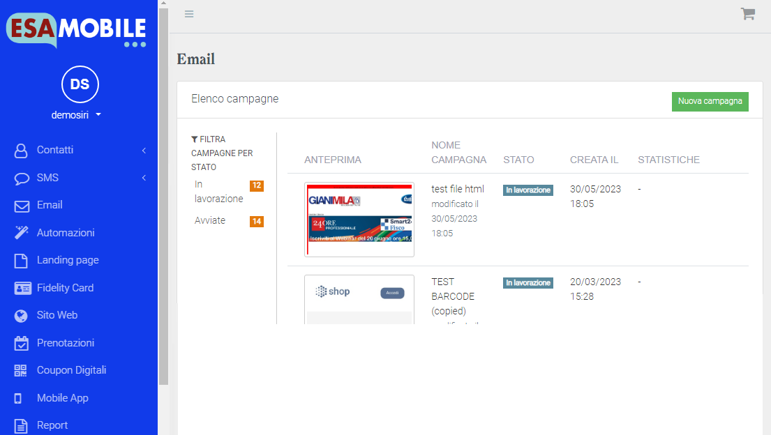 Pannello di controllo per l'invio di email da Esamobile