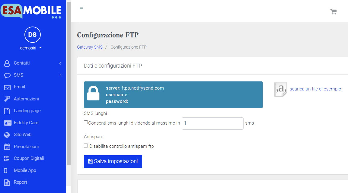 Invio SMS via FTP | EsaMobile