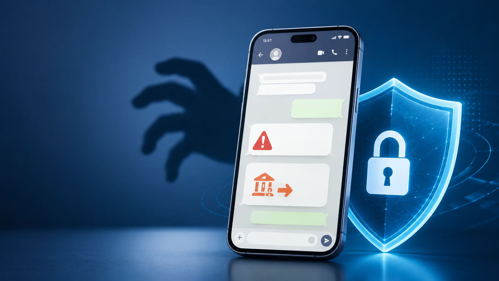 Smartphone con richiesta di pagamento sospetta protetto da uno scudo digitale